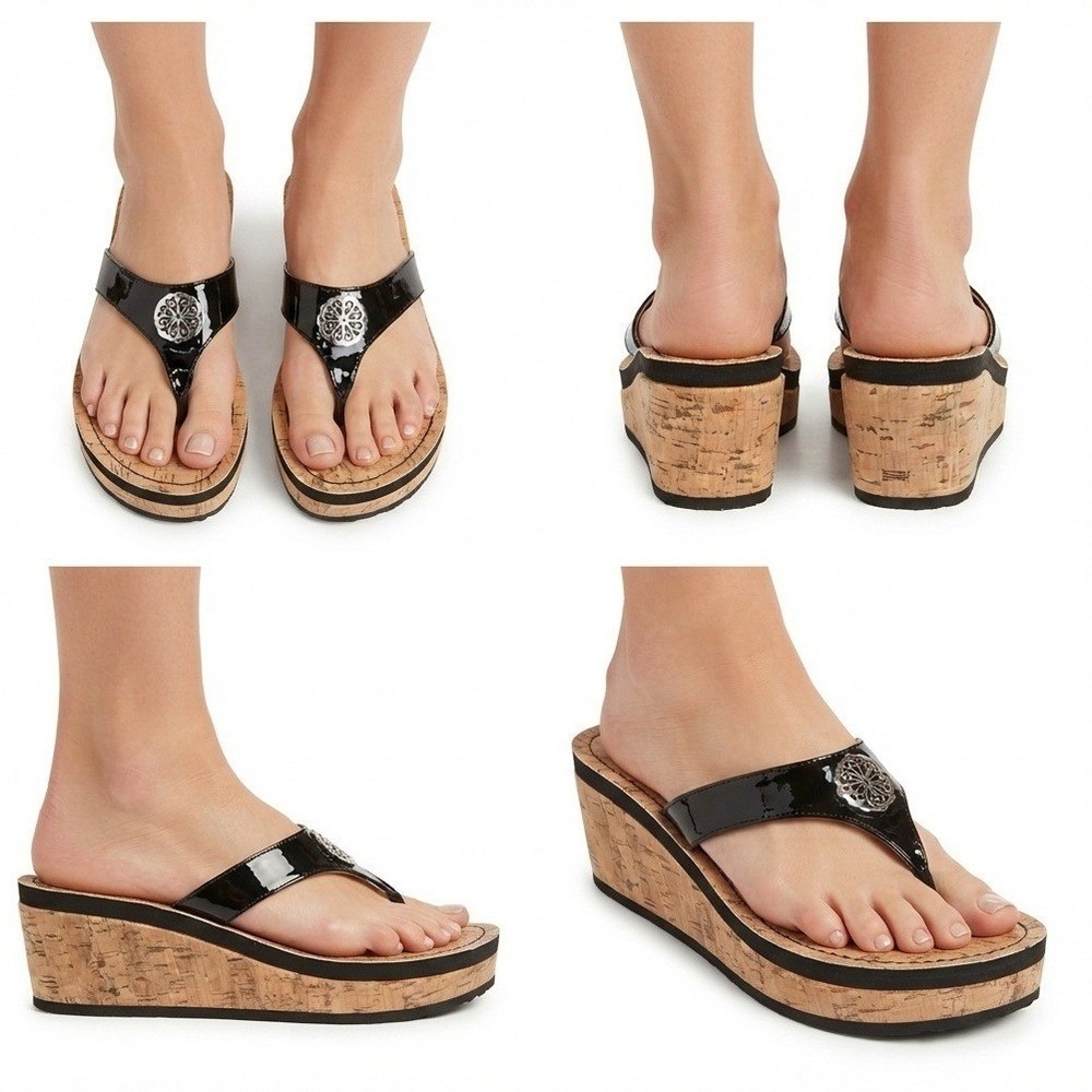 Charming Charlie Sandals Womens 9 Black Patent Cork Wedge Platform Thong